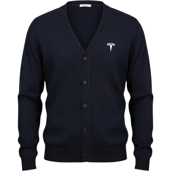 Tesla Motors Employee Navy Blue V-Neck Button Front Knit Cardigan Sweater Logo